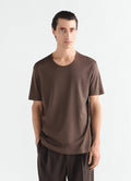 Scoop-neck brown ribbed jersey T-shirt worn by a model front view LEMAIRE main look
