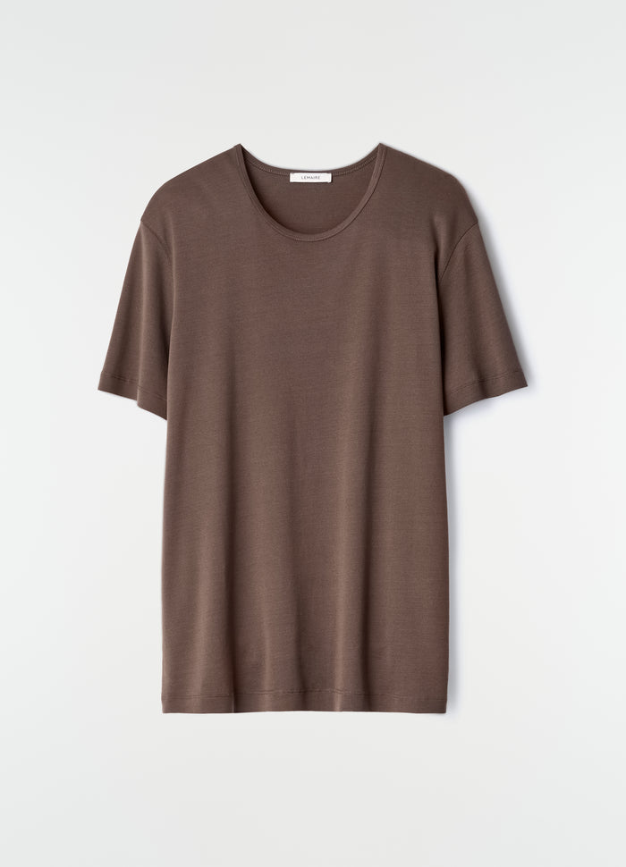 Scoop-neck brown jersey cotton T-shirt by LEMAIRE flat lay on white background, primary product shot
