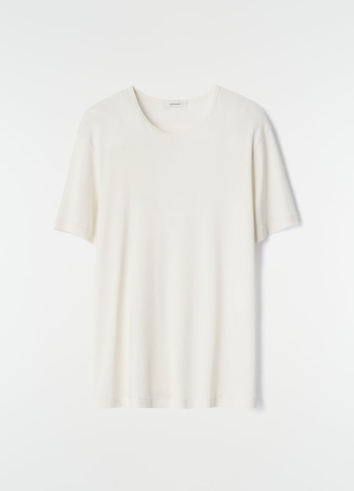 Scoop-neck off-white ribbed jersey T-shirt by LEMAIRE front view on plain white background, primary product shot