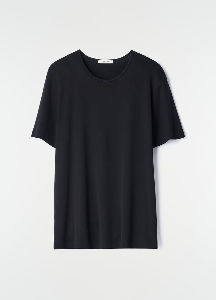 Black ribbed jersey scoop-neck T-shirt by LEMAIRE with relaxed fit on plain white background, primary product shot