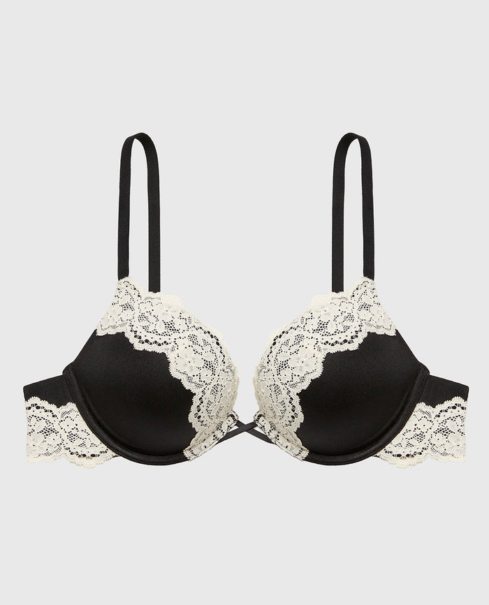 Up 2 Cup Plunge Bra with Timeless Lace Trim in Tuxedo Black