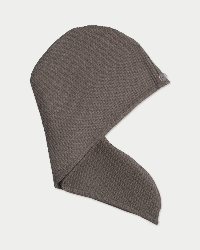 Charcoal Waffle Hair Towel. The hair towel is photo graphed with a white background.|Color:Charcoal