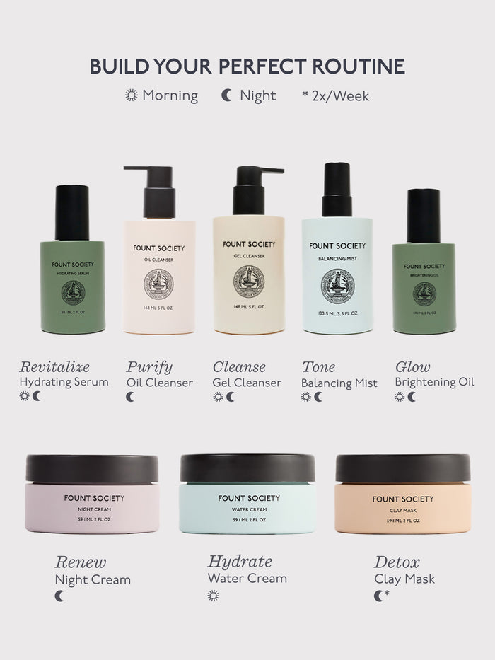 Image depicting a skincare routine with Cozy Earth products, including the Mini Moisture Reset Trio, serums, cleansers, creams, and masks designed for morning, night, and bi-weekly use. Products are categorized by their purposes: Revitalize, Purify, Cleanse, Tone, Glow, Renew, Hydrate, Detox.  |Size:Full Size