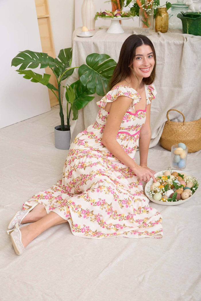 WAVY FLORA PATTERN SLEEVELESS TIERED MIDI DRESS blue pepper