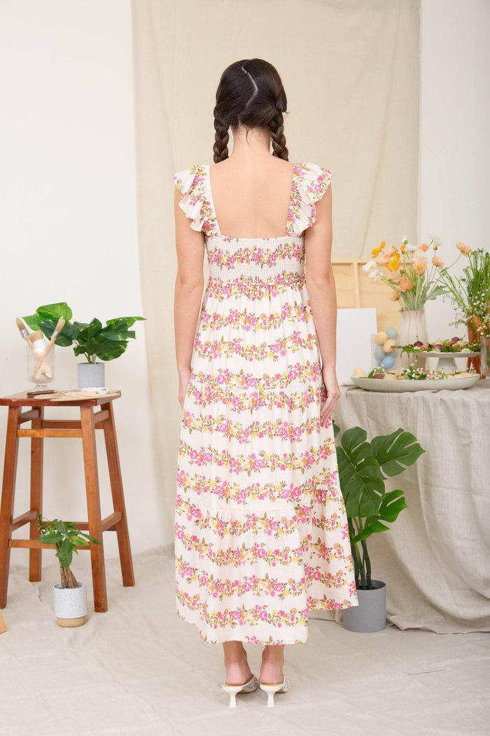 WAVY FLORA PATTERN SLEEVELESS TIERED MIDI DRESS blue pepper