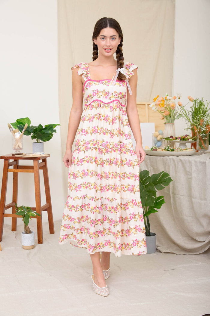 WAVY FLORA PATTERN SLEEVELESS TIERED MIDI DRESS blue pepper