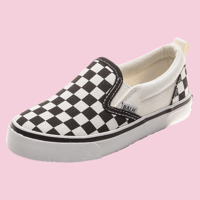 Womens and Kids Black and White Checker Slip-ons