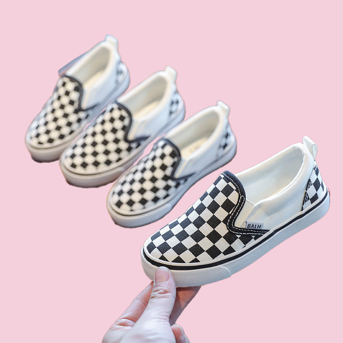 Womens and Kids Black and White Checker Slip-ons