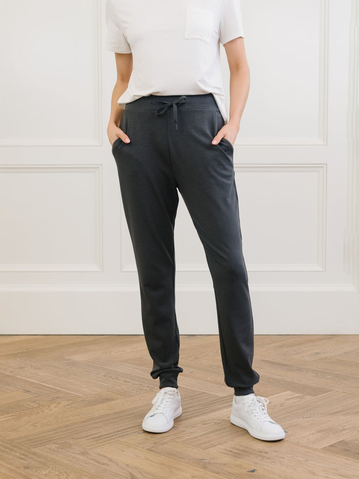 Charcoal Bamboo Jogger Set. The photo was taken close up, showing off the print of the joggers. |Color:Charcoal