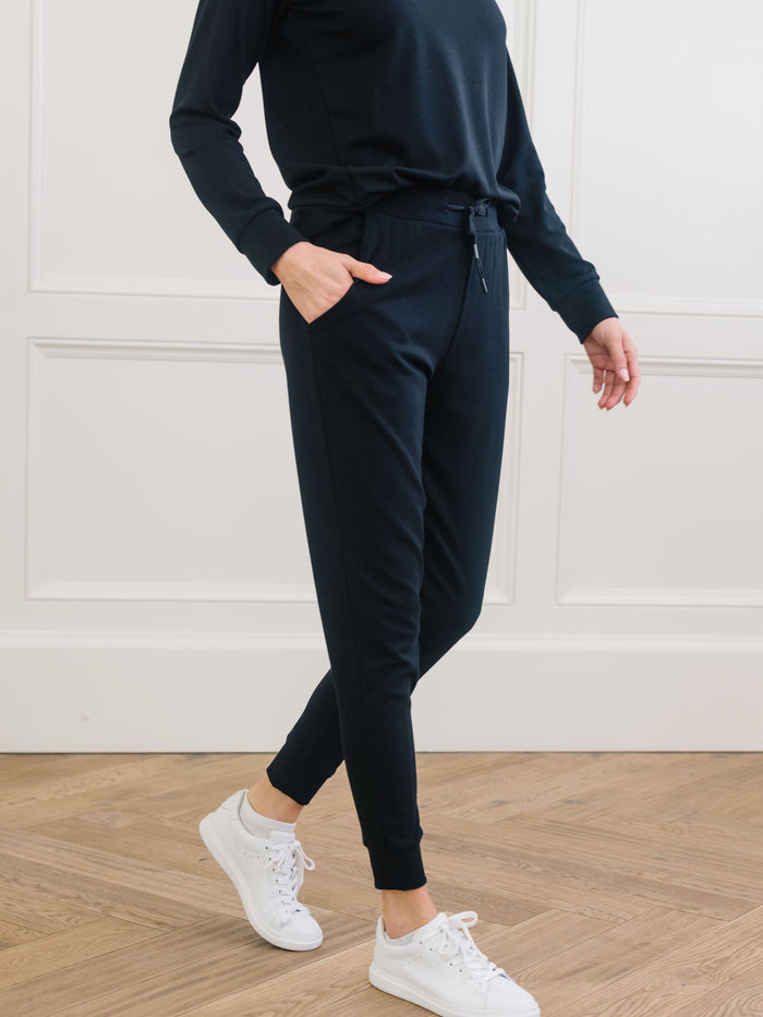 Black Bamboo Jogger Set. The photo was taken close up, showing off the print of the joggers. |Color: Black