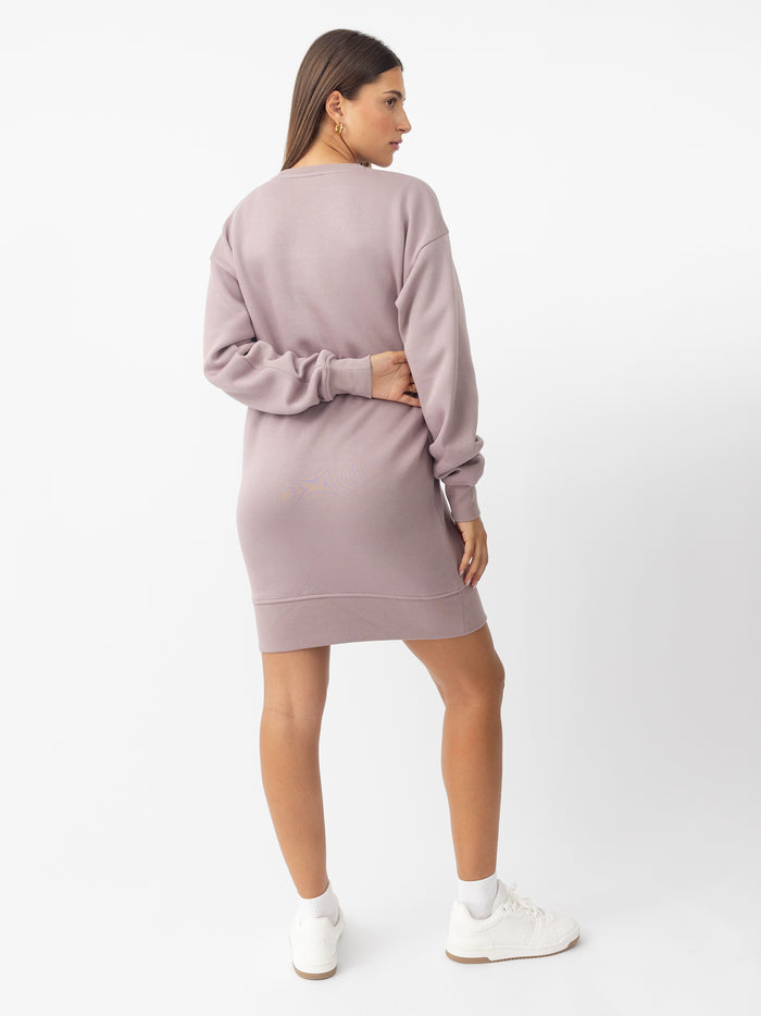 Woman wearing Dusty Orchid CityScape Crewneck Dress with white background |Color:Dusty Orchid