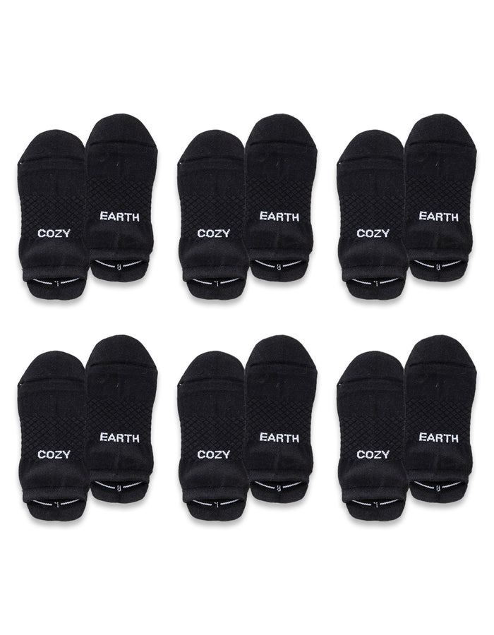 Six pairs of black Essential Ankle Socks by Cozy Earth are arranged in two rows, each pair featuring the brand's name in white text near the toes. |Color:Black