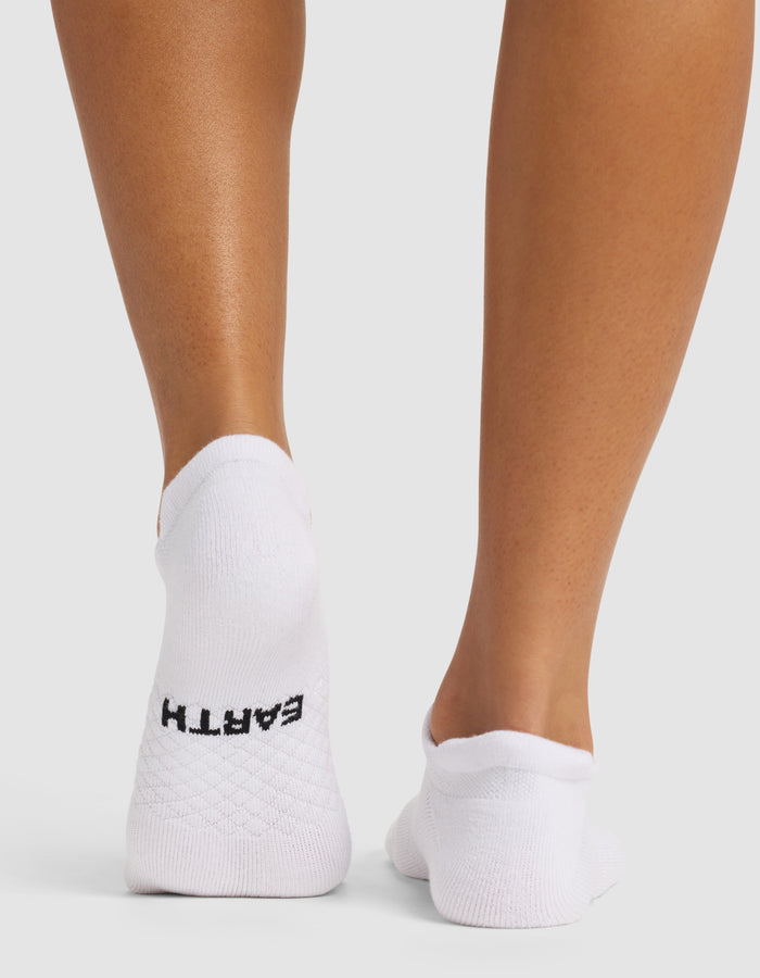 Back view of two feet wearing Cozy Earth Essential Ankle Socks in white. "EARTH" is written in black on the heel of the left sock. The background is plain white.|Color:White