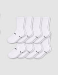 Eight pairs from the Cozy Earth Men's Essential Calf Sock 8-Pack are displayed in two neat overlapping rows on a light gray background, each featuring small black text and symbols near the toes.|Color:White
