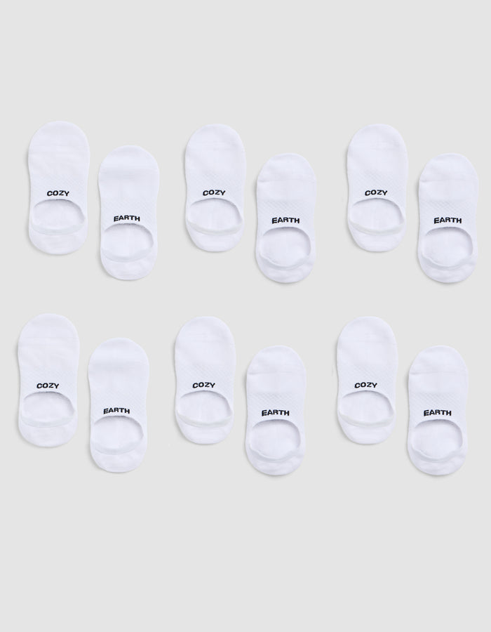 A 6-pack of white Essential No-Show Socks by Cozy Earth, each pair featuring "COZY" or "EARTH" in black text on top, displayed on a light gray background. |Color:White