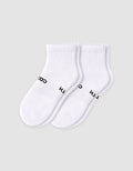The Cozy Earth Men's Essential Quarter Sock features white ribbed cuffs and a discreet black text design on the sides, displayed against a plain light background.|Color:White