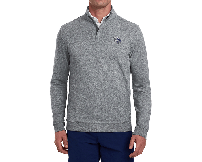 Male model wearing Yale Golf Course Harper Pullover: Heathered Gray, featuring a quarter-zip design with a bulldog logo, over a white shirt, paired with dark blue pants.