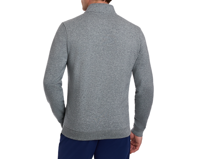 Back view of a person wearing the Yale Golf Course Harper Pullover in heathered gray, showcasing its quarter-zip style and soft, comfortable fabric.