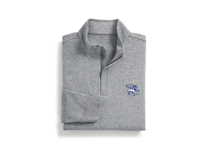 Yale Golf Course Harper Pullover in heathered gray, featuring a quarter-zip design with a stand-up collar and blue-white embroidered bulldog logo on the chest.
