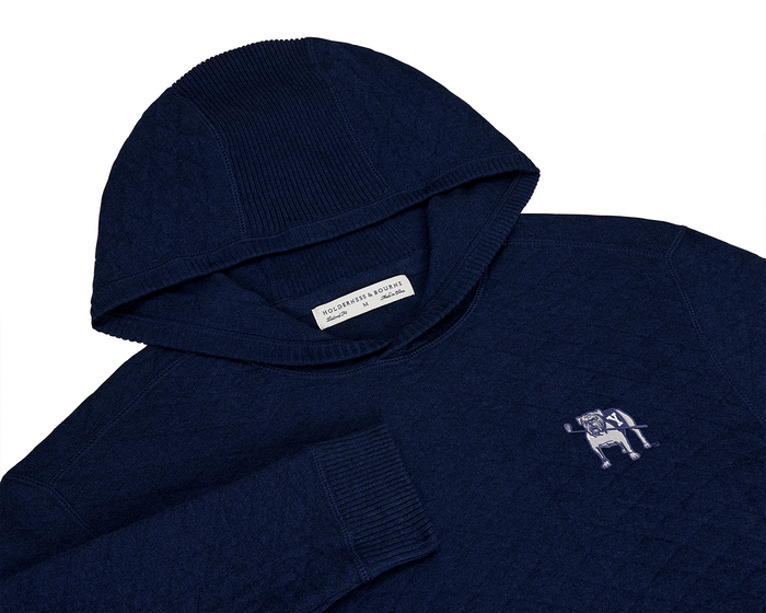 Yale Golf Course Wallace Sweater: Heathered Navy, a knit pullover hoodie with a ribbed hood, cuffs, and embroidered bulldog motif holding a lacrosse stick.