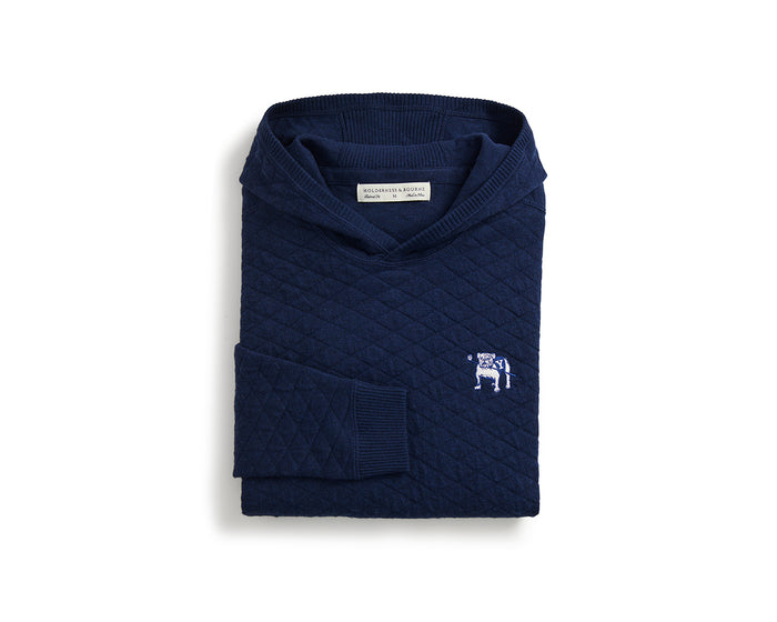 Yale Golf Course Wallace Sweater: Heathered Navy, featuring a quilt-textured, diamond pattern hoodie with a white bulldog logo and Holderness & Bourne label inside.