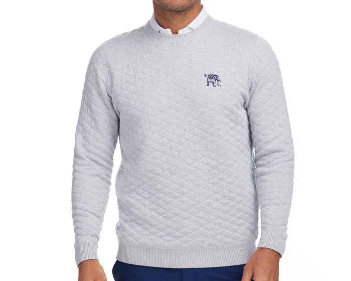 Yale Golf Course Ward Sweater: Heathered Gray, featuring a quilted pattern, crewneck style, with an embroidered bulldog holding a golf club on the chest.