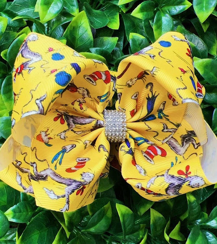 YELLOW CAT W/A HAT PRINTED HAIRBOWS. BW-DSG-967 4PCS/$10.