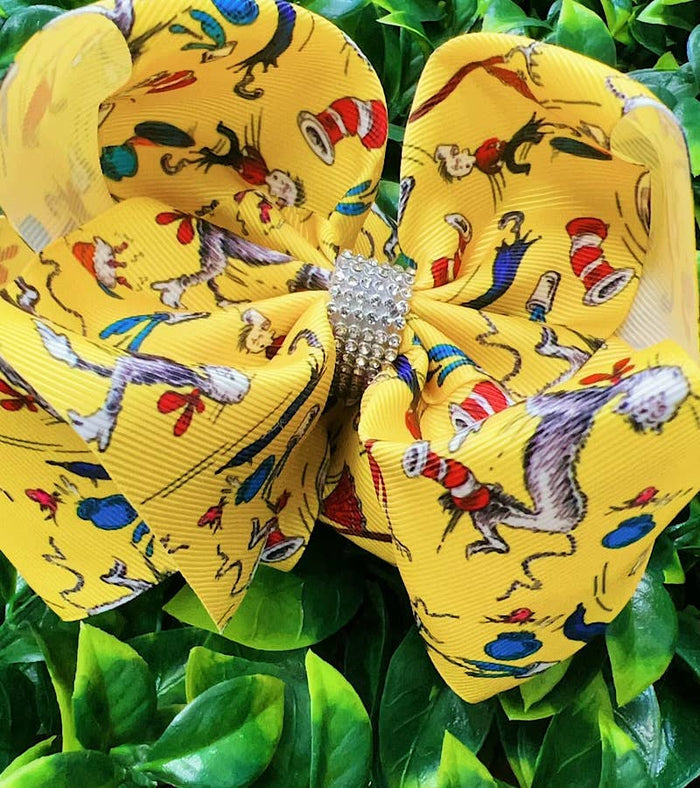 YELLOW CAT W/A HAT PRINTED HAIRBOWS. BW-DSG-967 4PCS/$10.